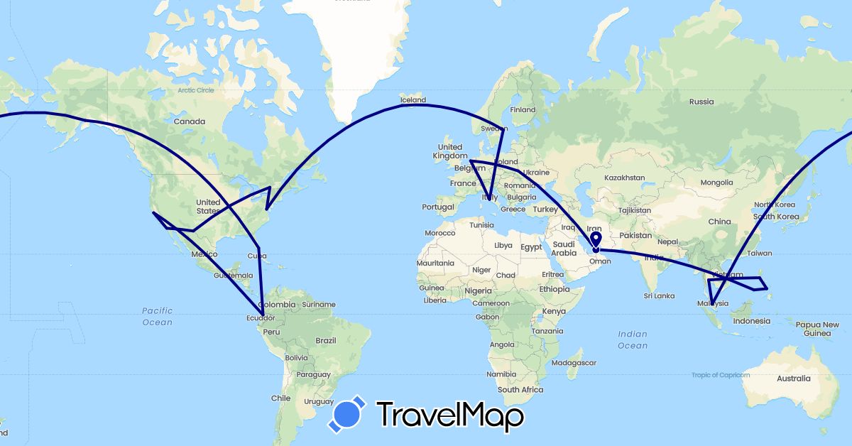 TravelMap itinerary: driving in United Arab Emirates, Canada, Ecuador, Iceland, Italy, Malaysia, Netherlands, Philippines, Sweden, Thailand, Ukraine, United States (Asia, Europe, North America, South America)